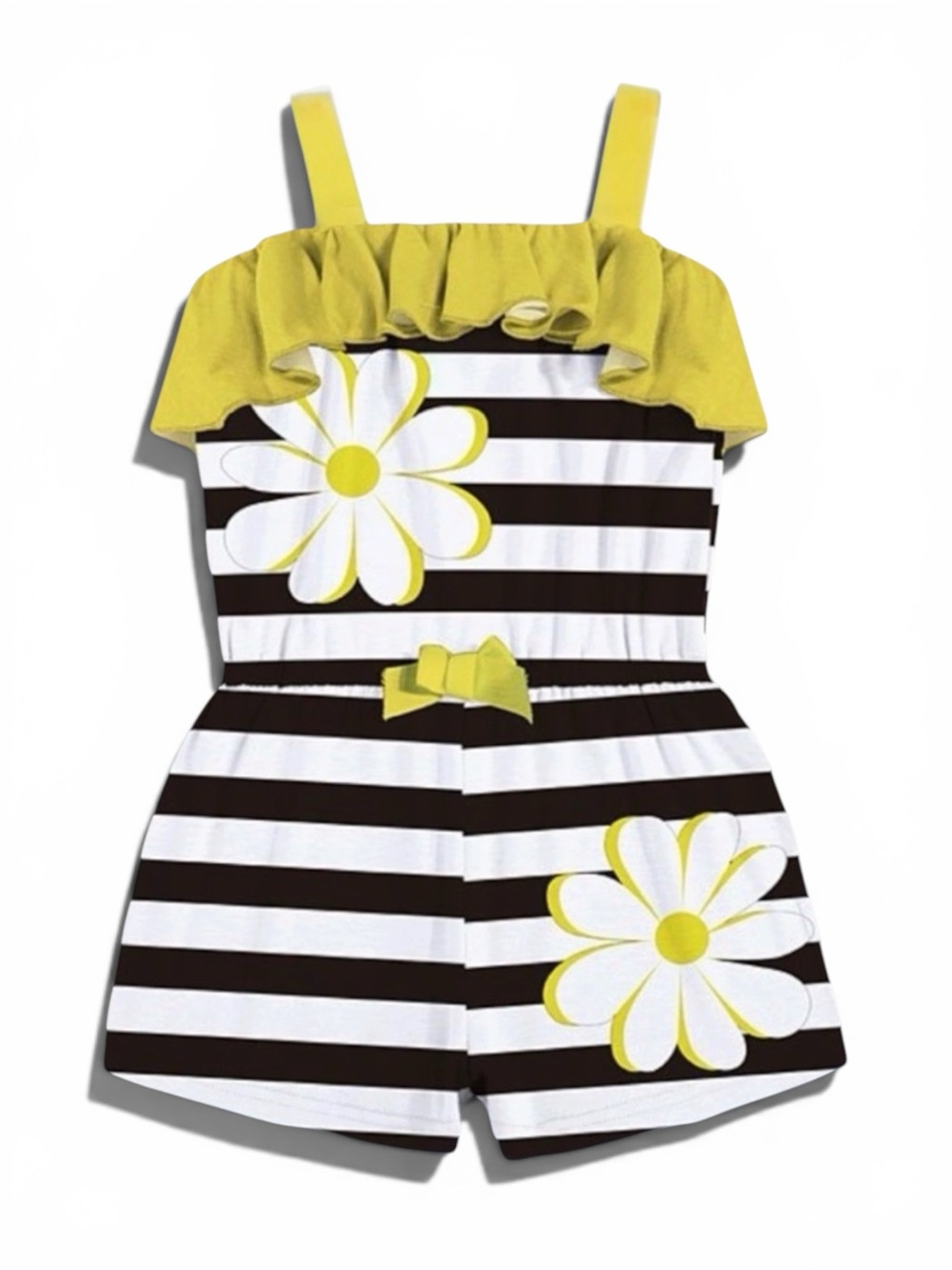 🩳2/$10👖3/$12 Sunshine Swing Black White Yellow Floral Stripe Ruffle Romper Sz 4